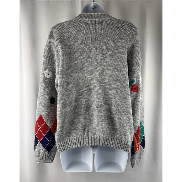 Vtg Cardigan Sweater Women L Floral Yarn Embroidery Argyle Chunky 90s Y2K Preppy - Picture 4 of 11